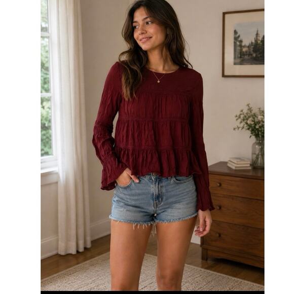 RO&DE Tops - RO&DE burgundy tiered w/lace butterfly sleeve top size small